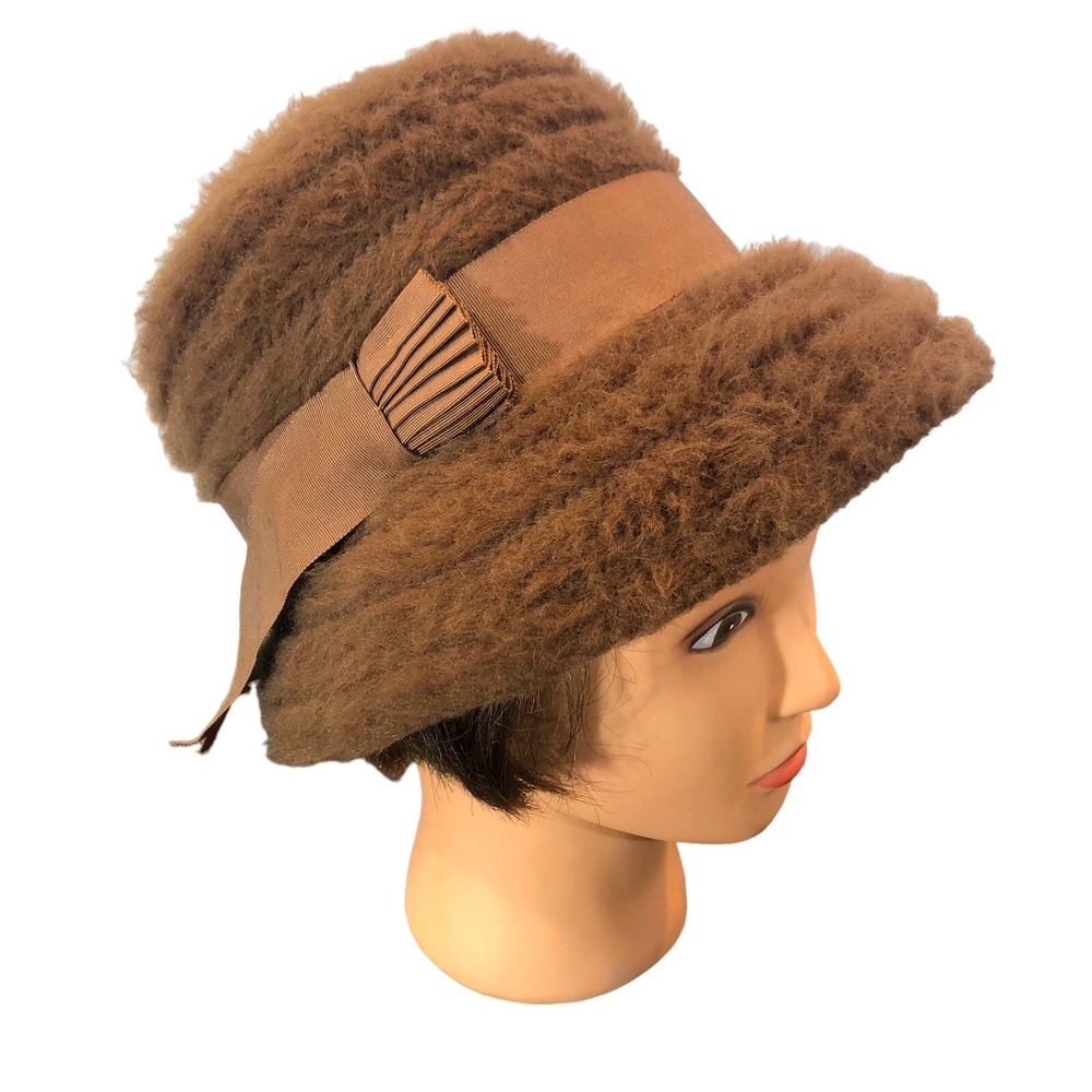 EVERITT Original Vintage 60s Womens Brown Wool Needlepoint Mod Cloche Bucket Hat